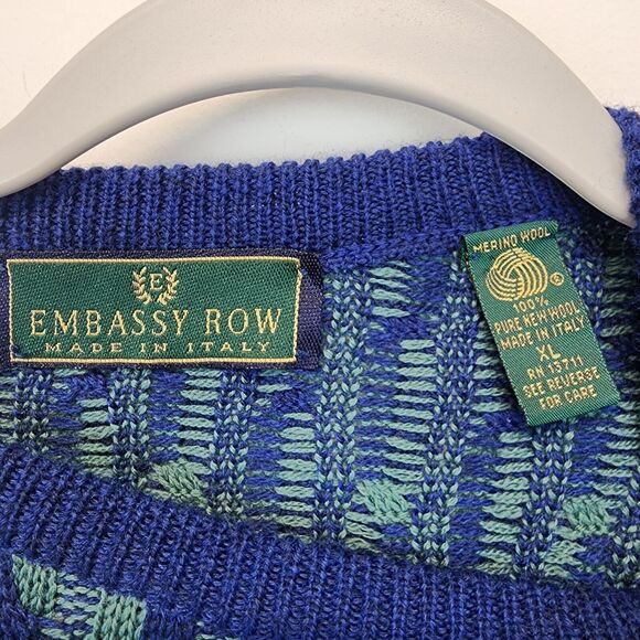 Vintage Embassy Row Geo Knit Sweater Size XL Merino Wool Blue Green Retro 80s - Picture 14 of 14